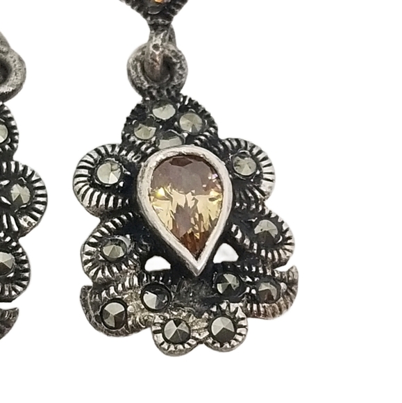 VICTORIAN STYLE STERLING SILVER, MARCASITE & AUSTRIAN CRYSTAL DROP EARRINGS - Picture 3 of 5